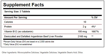 Solgar Desiccated Liver Ingredient Label